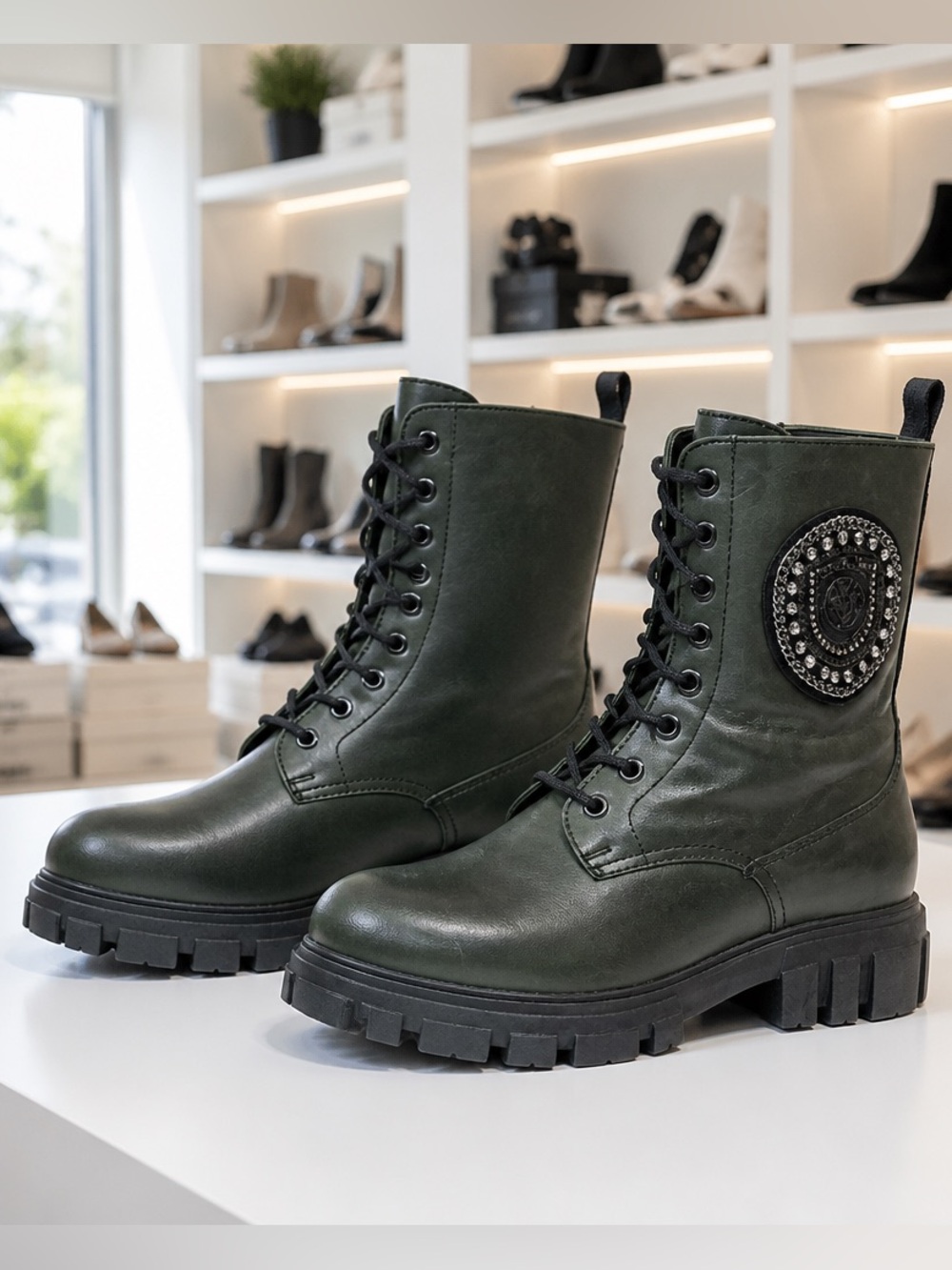 Nila & Nila Women’s Embellished Dark Green Soft Leather Lace-Up Combat Boots